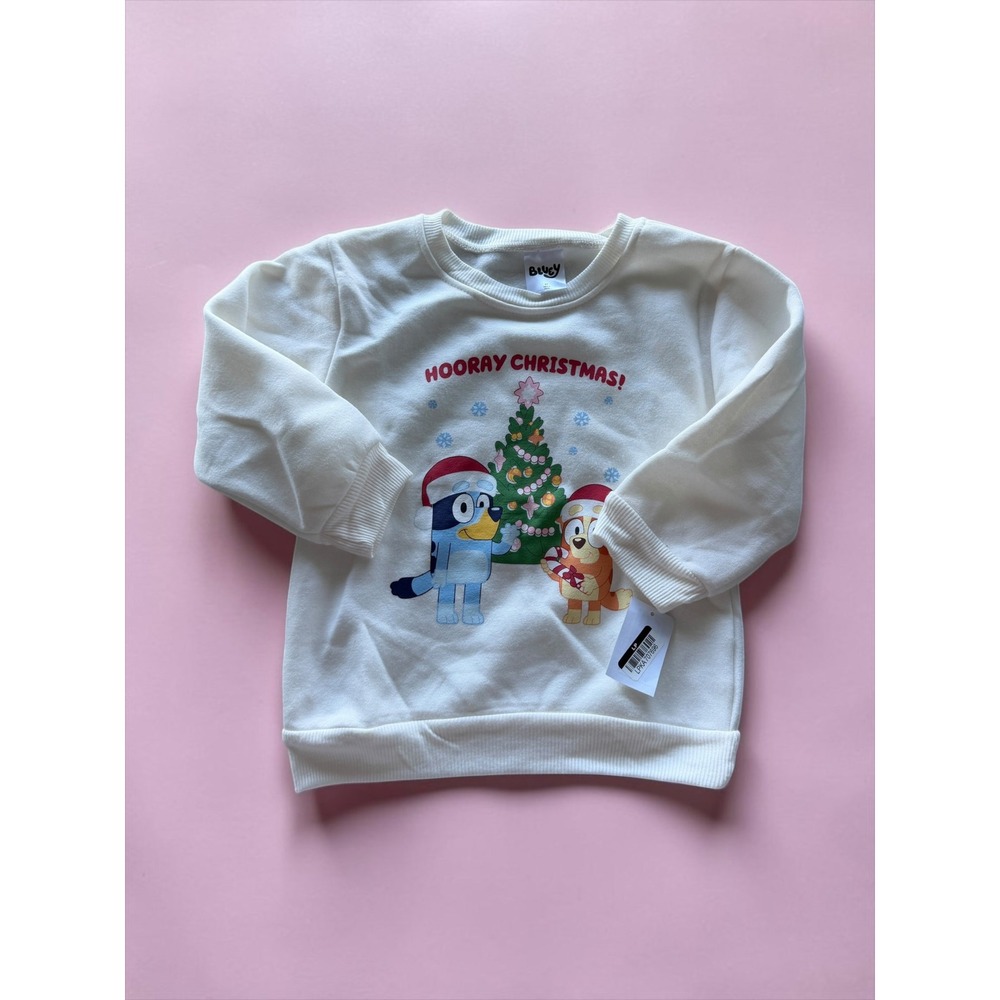 Bluey Hooray Christmas Sweatshirt Kids Size 5T White Bingo Holiday Pullover NEW